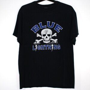 Vintage Blue Lightning Mens Small Cropped Cut Skull Spell Out T-Shirt Q966